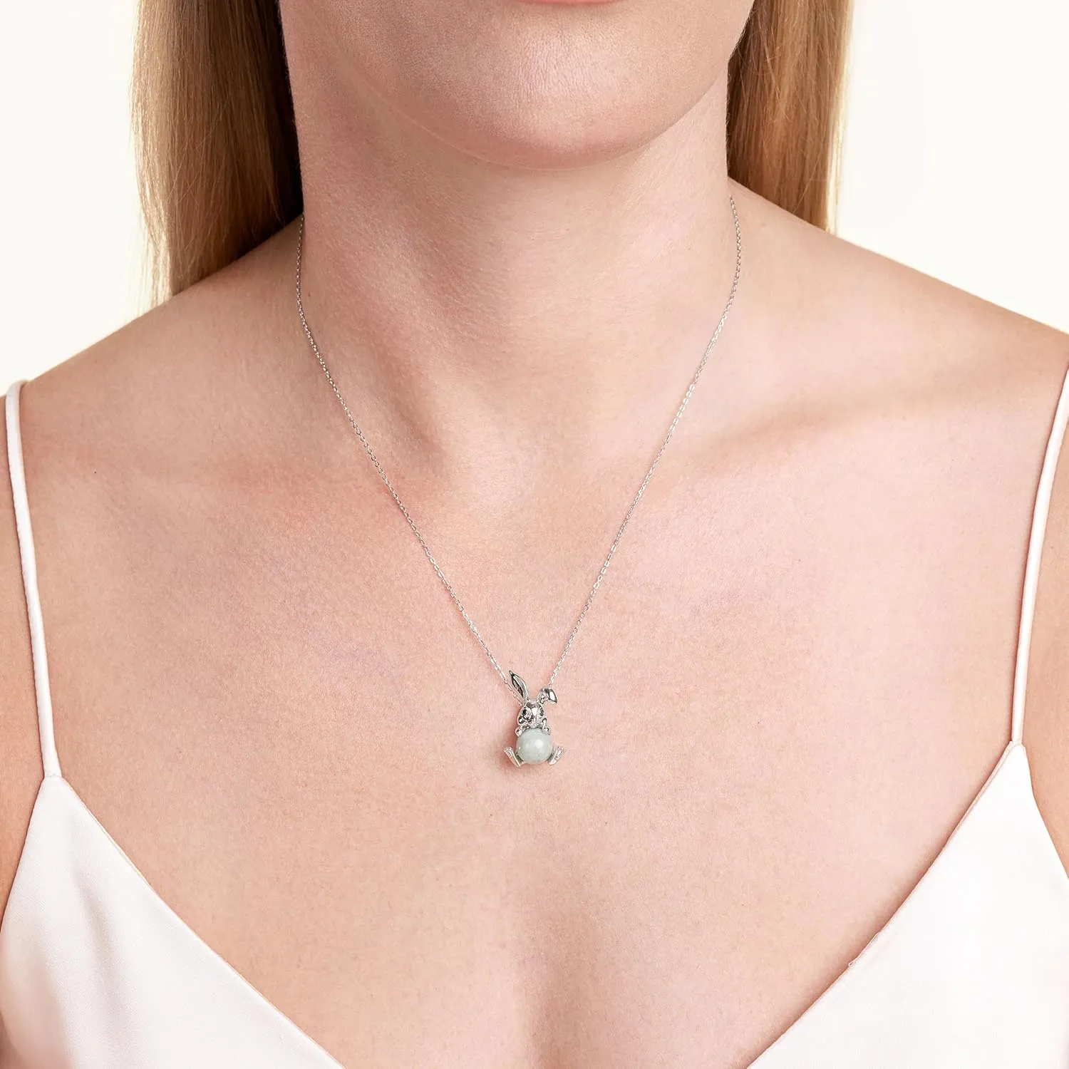 .925 Sterling Silver Rhodium or 18K Gold Plated Genuine Jade Pendant Necklaces for Women - Animal Design with Sparkling Gemstones Accents, Hypoallergenic Sterling Silver Necklace 18 inch