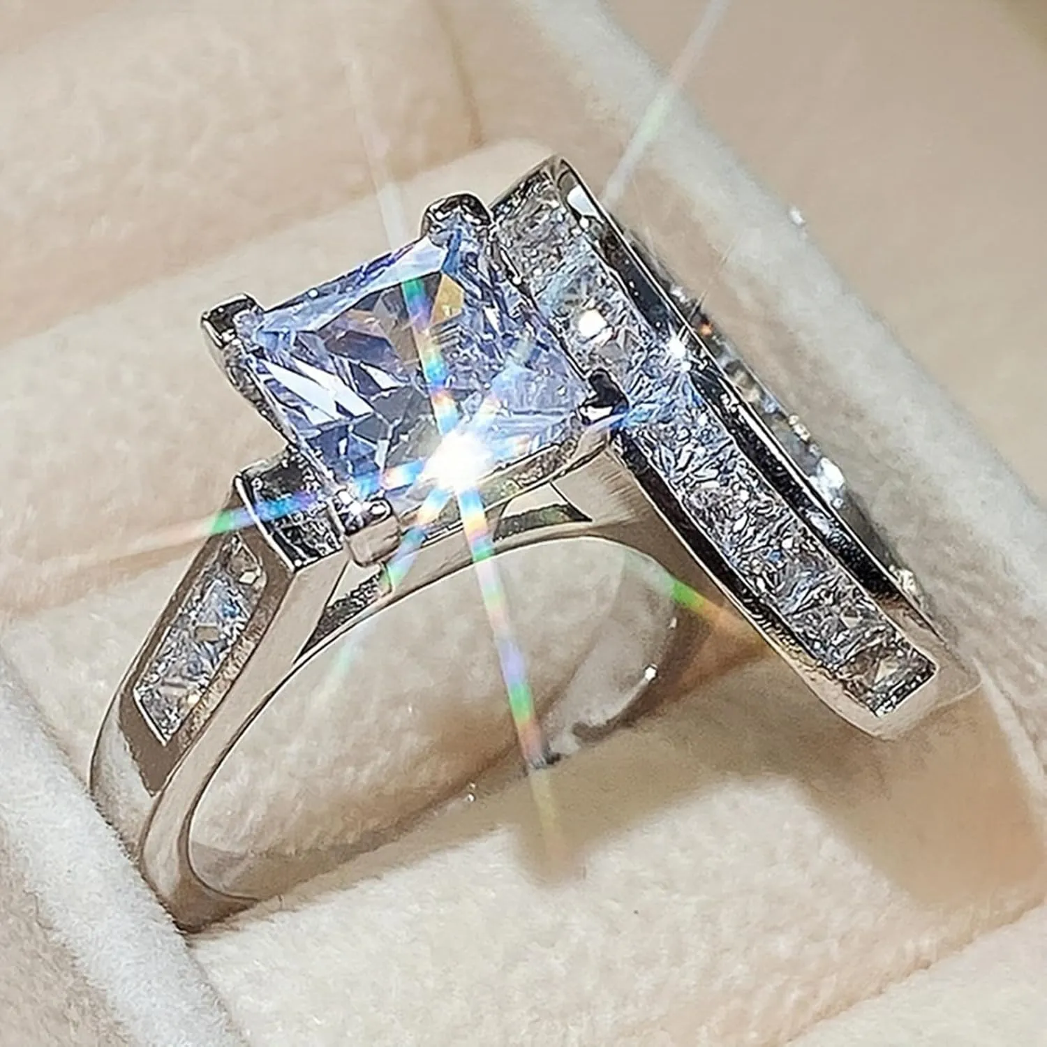 ABARTE 2-Piece Set with Square Cut Zircon Engagement Ring, Women's Platinum Thick arm Zircon Set, Sparkling moissanite Princess Wedding Ring(6-10) Sivler-7