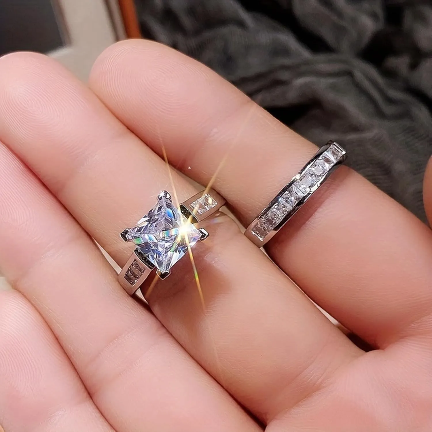 ABARTE 2-Piece Set with Square Cut Zircon Engagement Ring, Women's Platinum Thick arm Zircon Set, Sparkling moissanite Princess Wedding Ring(6-10) Sivler-7