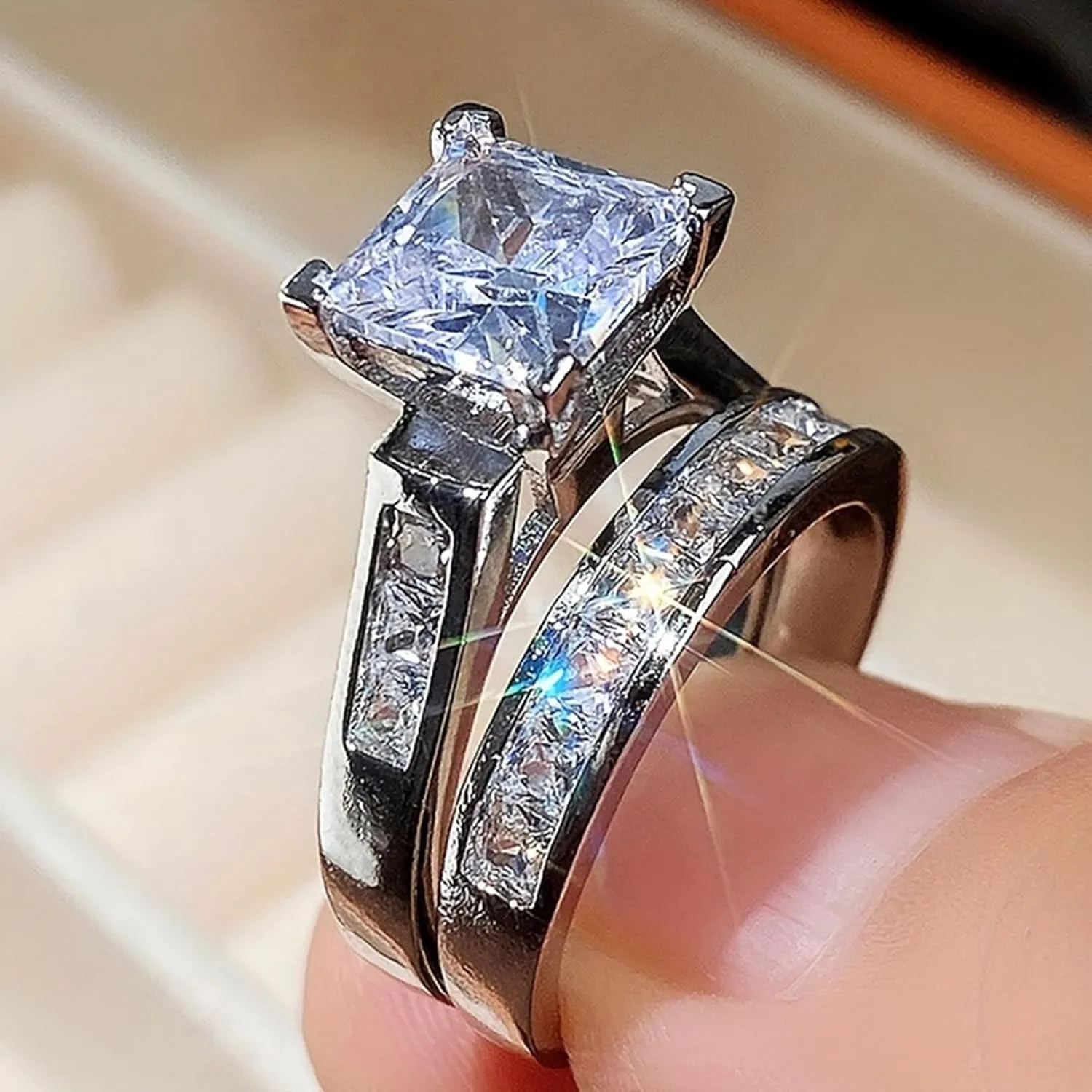 ABARTE 2-Piece Set with Square Cut Zircon Engagement Ring, Women's Platinum Thick arm Zircon Set, Sparkling moissanite Princess Wedding Ring(6-10) Sivler-7