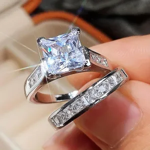 ABARTE 2-Piece Set with Square Cut Zircon Engagement Ring, Women's Platinum Thick arm Zircon Set, Sparkling moissanite Princess Wedding Ring(6-10) Sivler-7