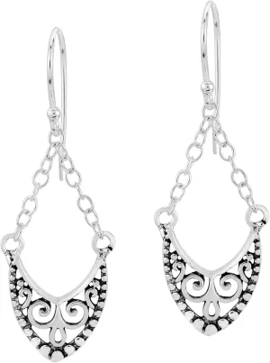 AeraVida Chic Balinese Ornate Chained .925 Sterling Silver Dangle Earrings | Chain Dangle Earrings | Sterling Silver Dangle Earrings | Sterling Chain Earrings for Women