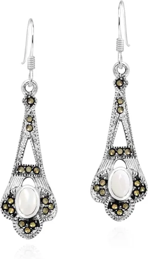 AeraVida Vintage Style Oval Mother of Pearl & Marcasite Style Pyrite Sterling Silver Dangle Earrings