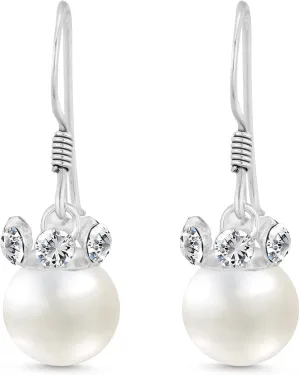 AeraVida White Faux Pearl and Cubic Zirconia Crown Sterling Silver Dangle Earrings | Elegant Vintage Sterling Silver Dangle Earrings | Anniversary Jewelry Gift for Women