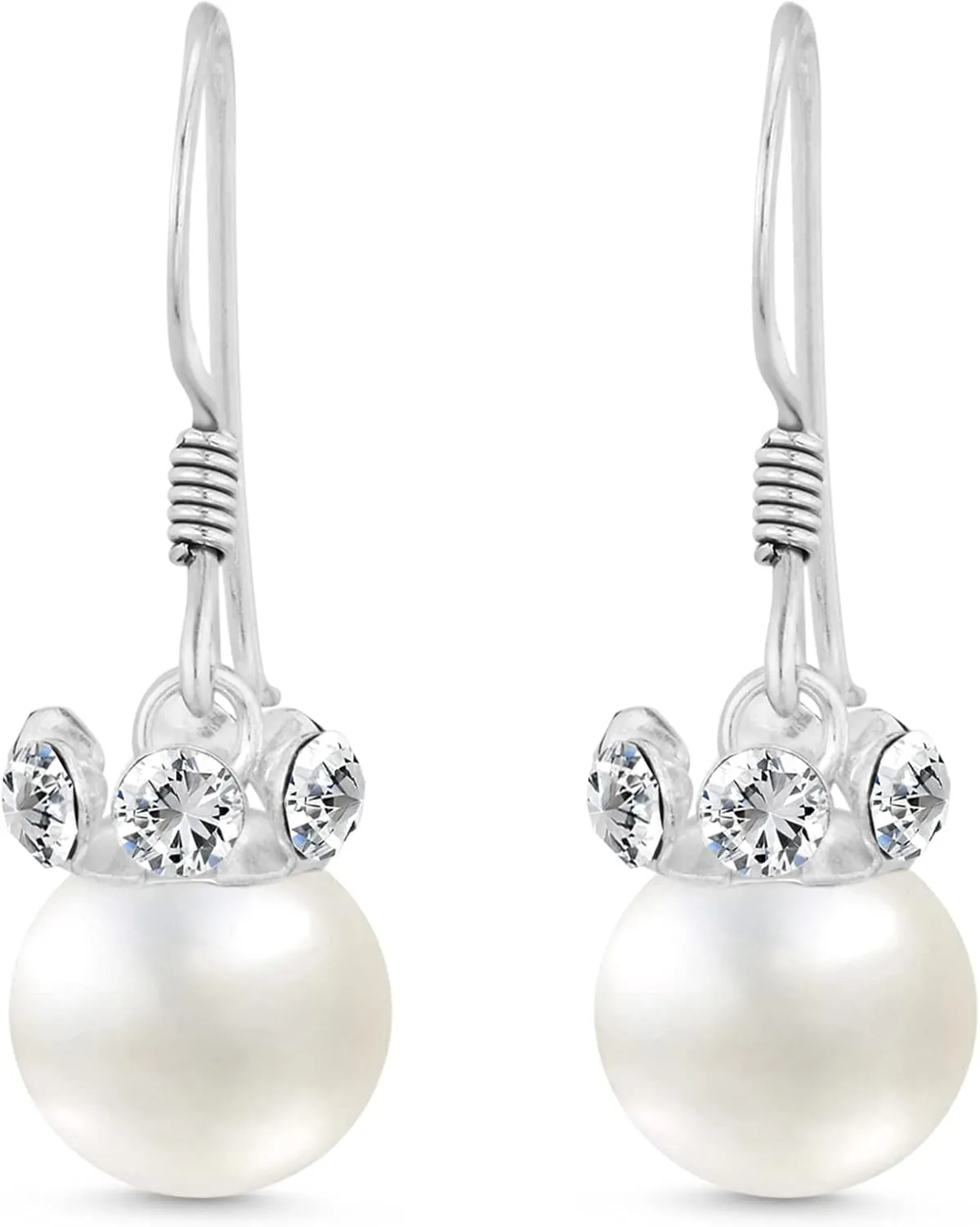 AeraVida White Faux Pearl and Cubic Zirconia Crown Sterling Silver Dangle Earrings | Elegant Vintage Sterling Silver Dangle Earrings | Anniversary Jewelry Gift for Women