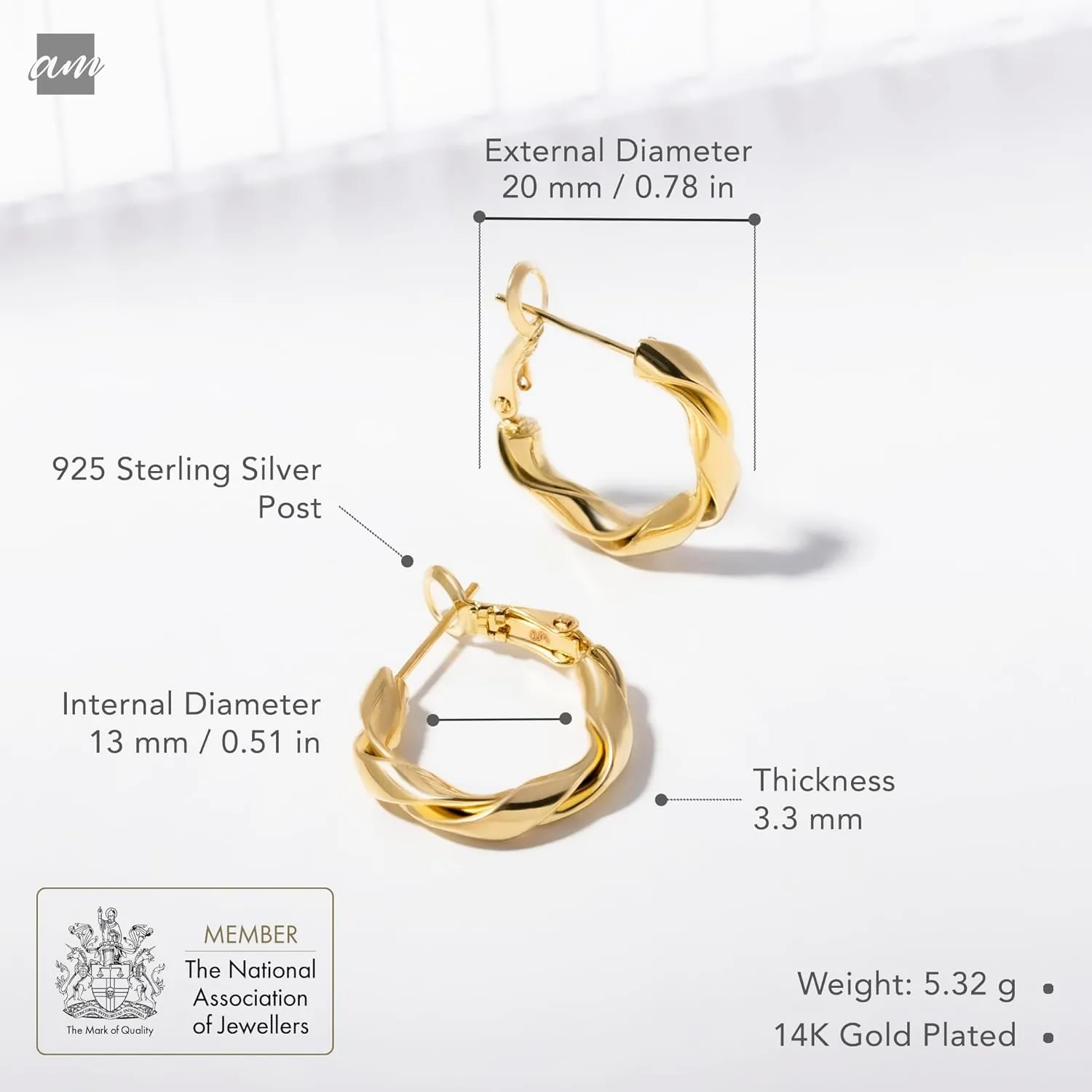 Amberta Silver Gold Plated Chunky Twisted Hoop Earrings | Hypoallergenic 925 Sterling Silver Post | Round Statement Bold Hoops for Women, Classy Gift Lightweight
