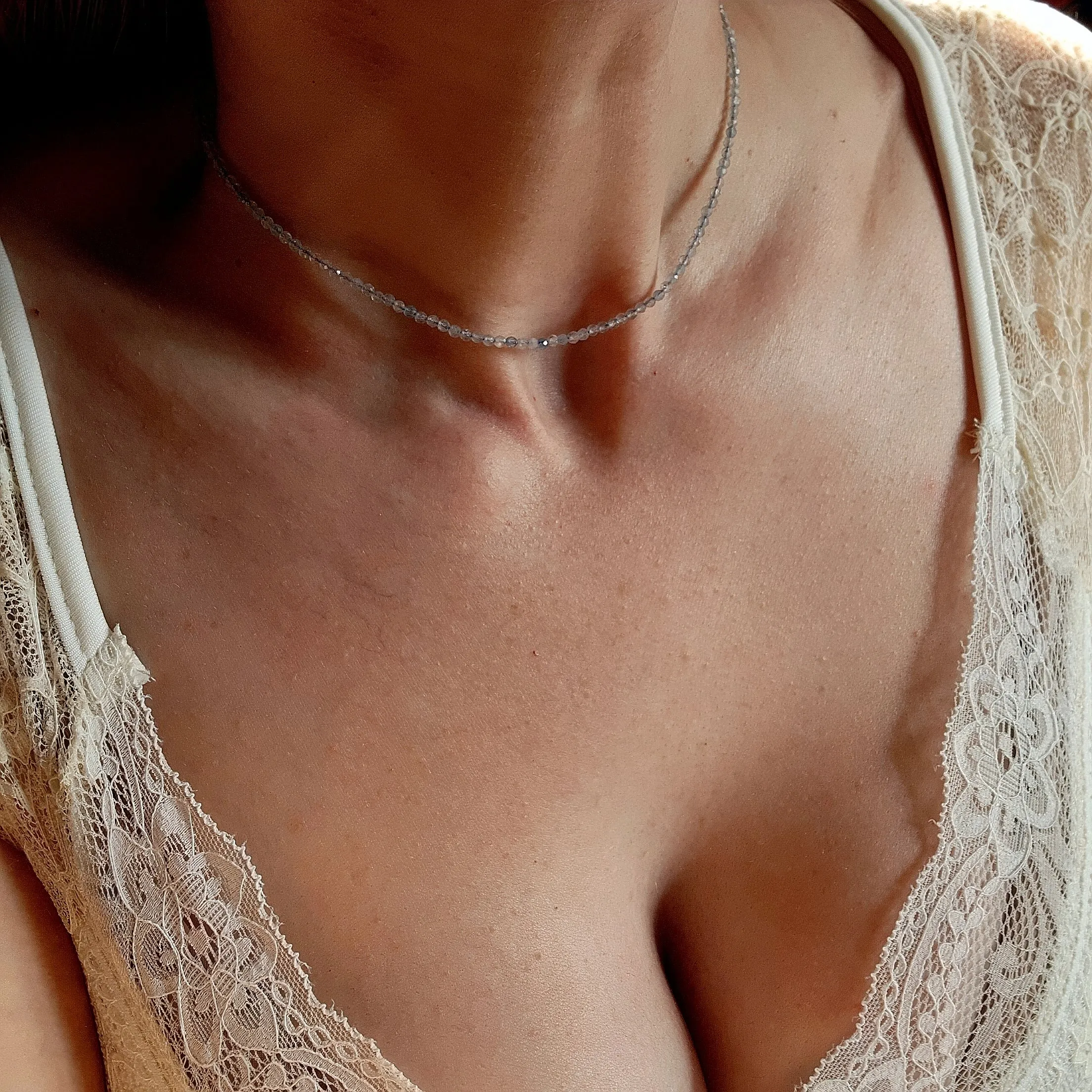 Aquamarine Micro Faceted Choker/Layering Necklace for Calm Communication