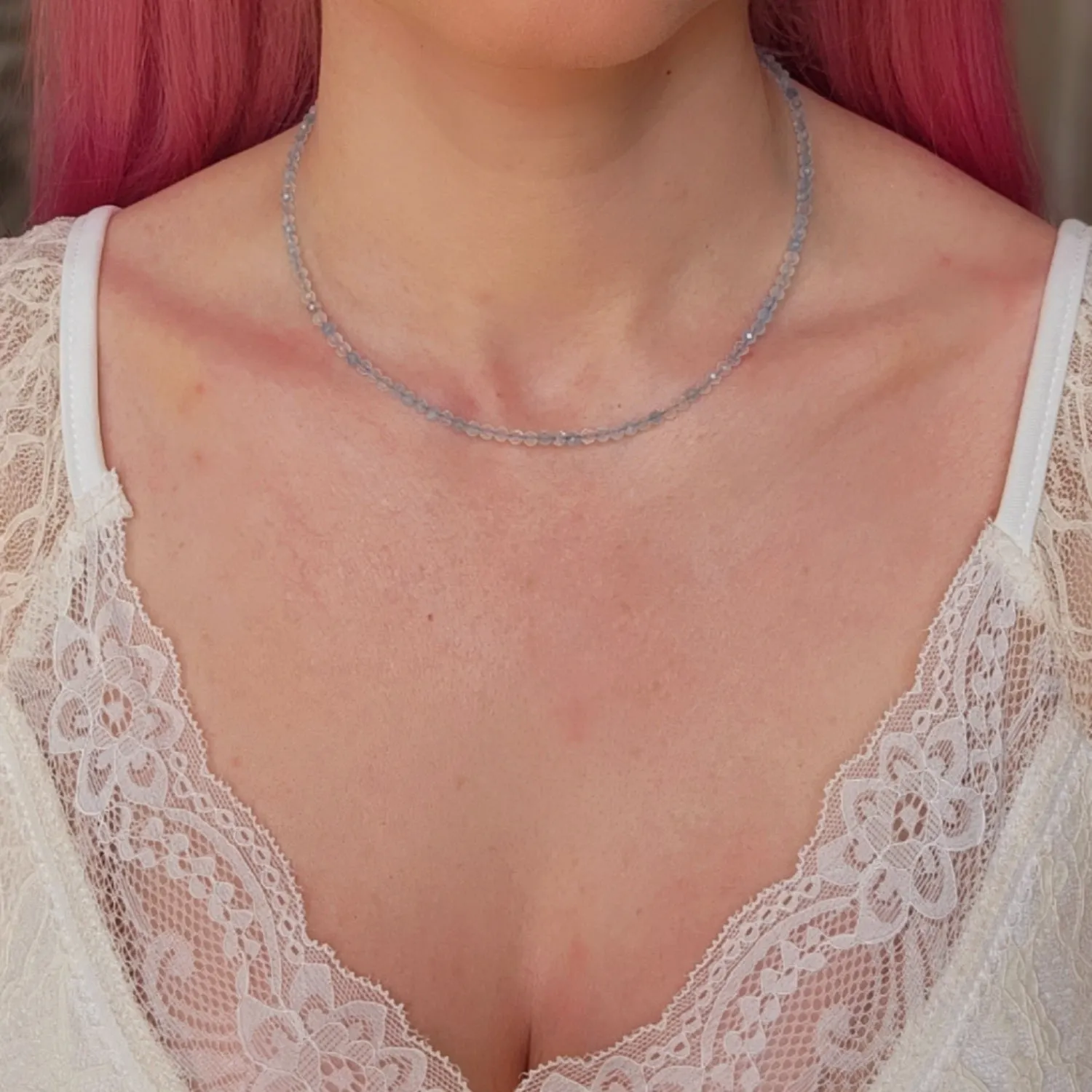 Aquamarine Micro Faceted Choker/Layering Necklace for Calm Communication