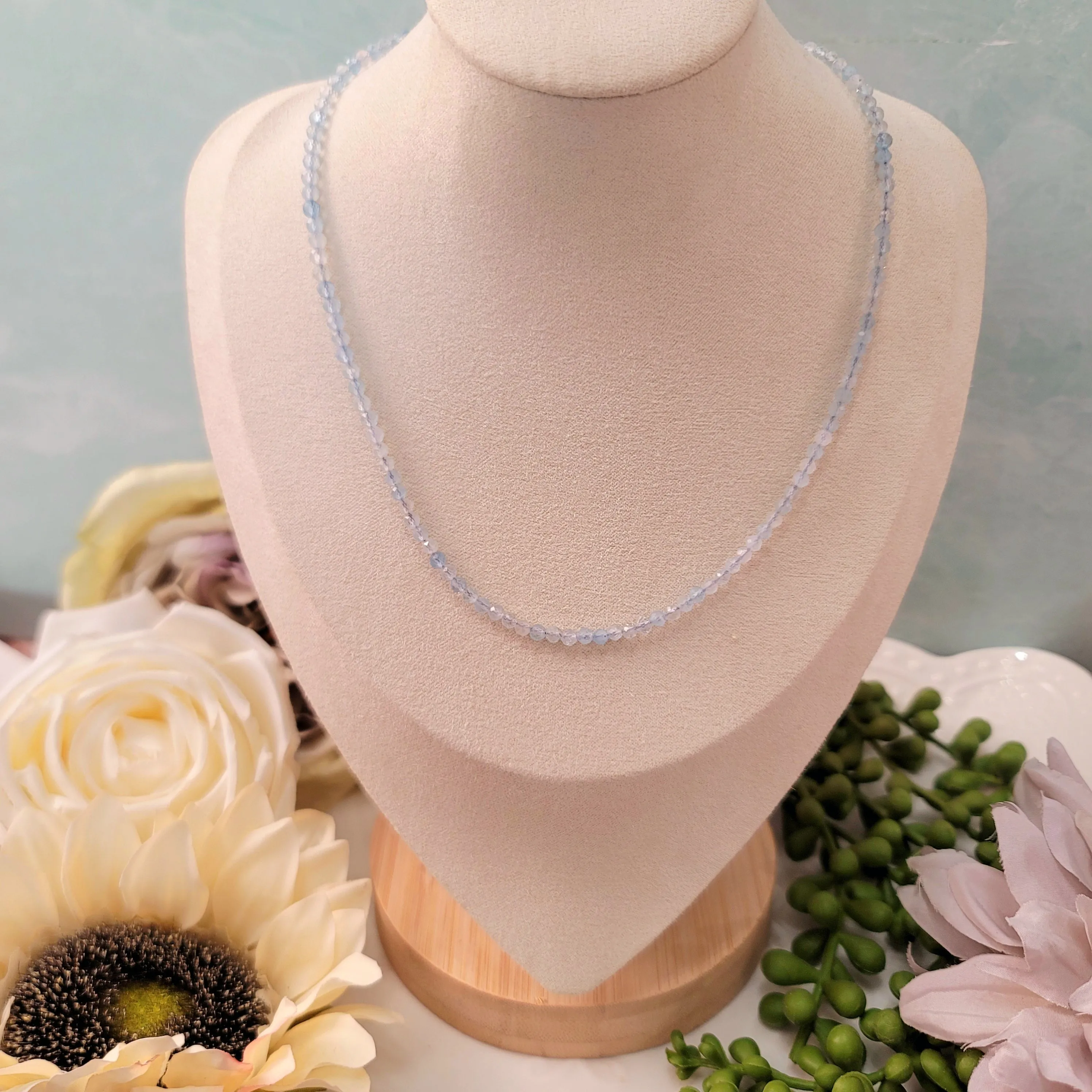 Aquamarine Micro Faceted Choker/Layering Necklace for Calm Communication
