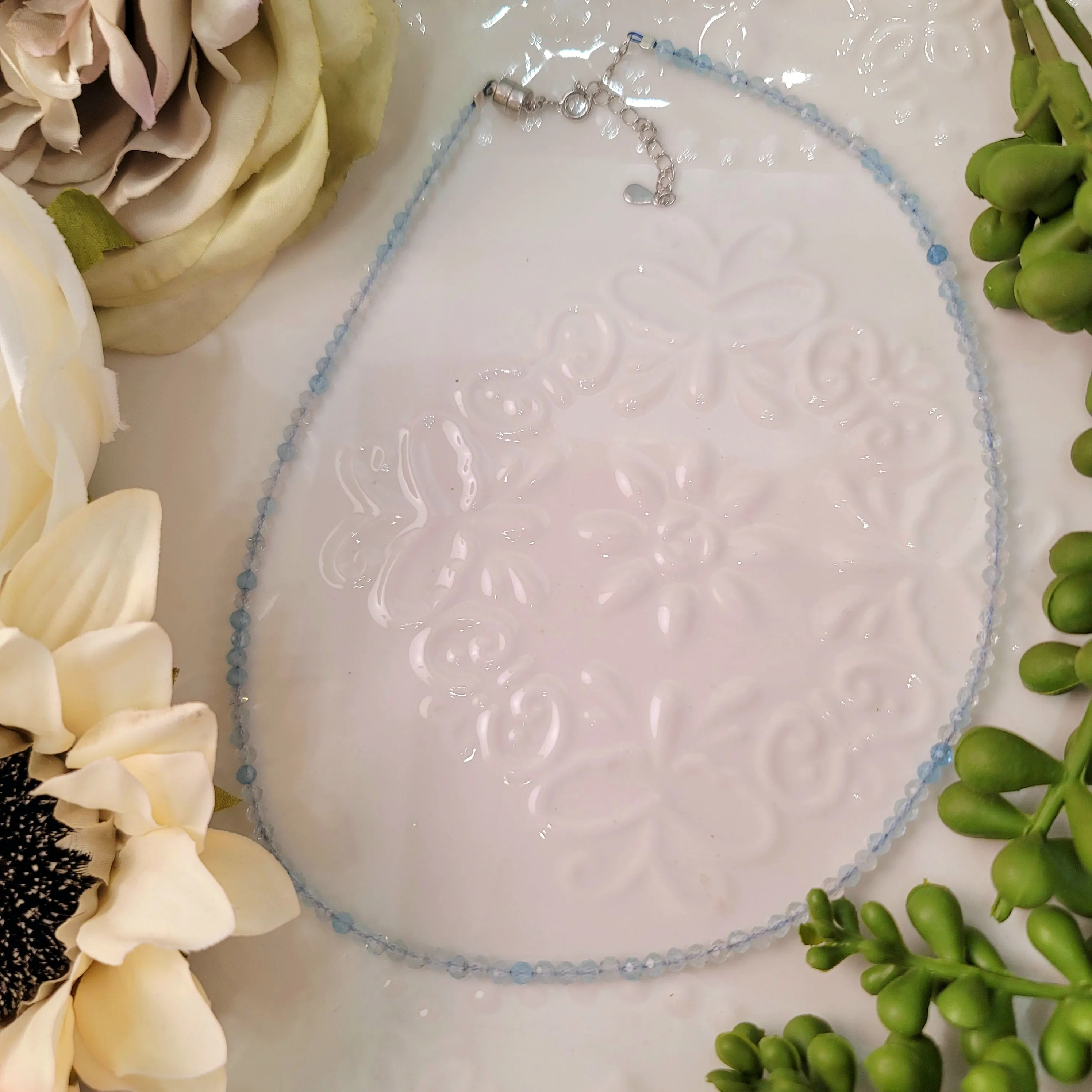 Aquamarine Micro Faceted Choker/Layering Necklace for Calm Communication