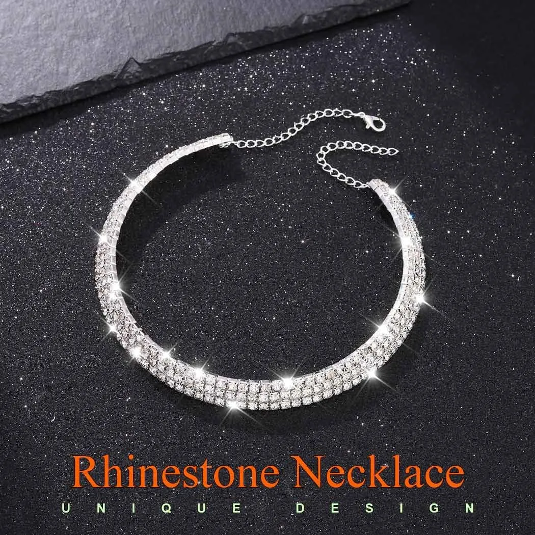 Asooll Rhinestone Choker Necklace Silver Diamond Chokers Layered Crystal Necklaces for Women