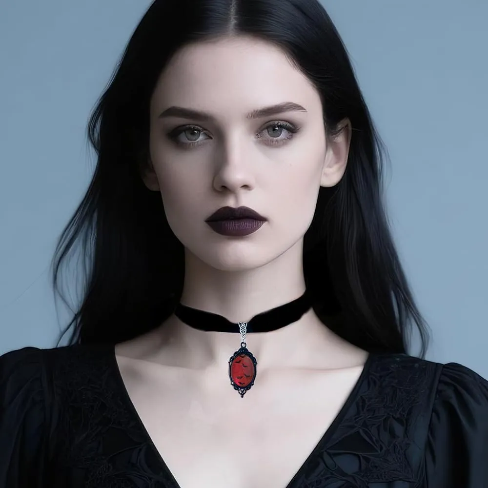Atiptu Gothic Black Velvet Crystal Choker Necklace for Women Gothic Cameo Necklace Red Crystal Pendent Necklaces Halloween Holiday Jewelry