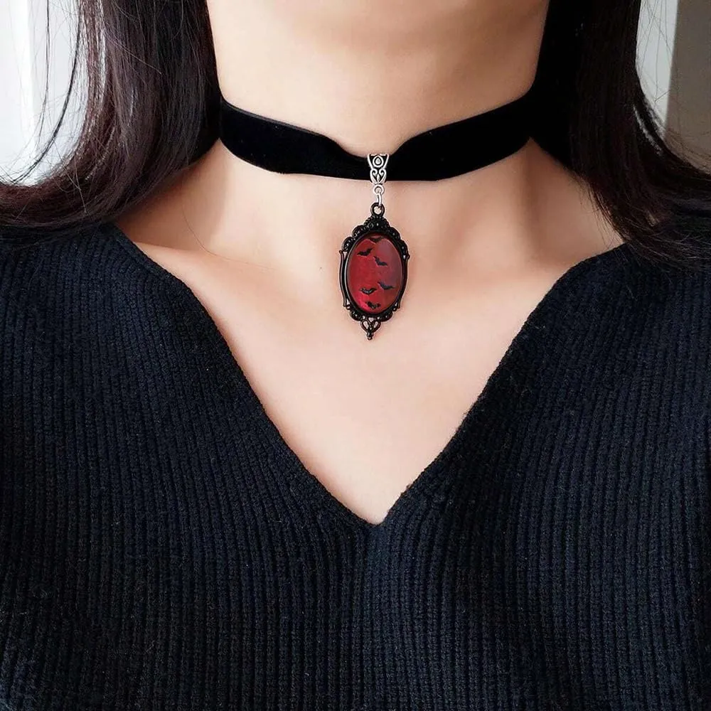 Atiptu Gothic Black Velvet Crystal Choker Necklace for Women Gothic Cameo Necklace Red Crystal Pendent Necklaces Halloween Holiday Jewelry