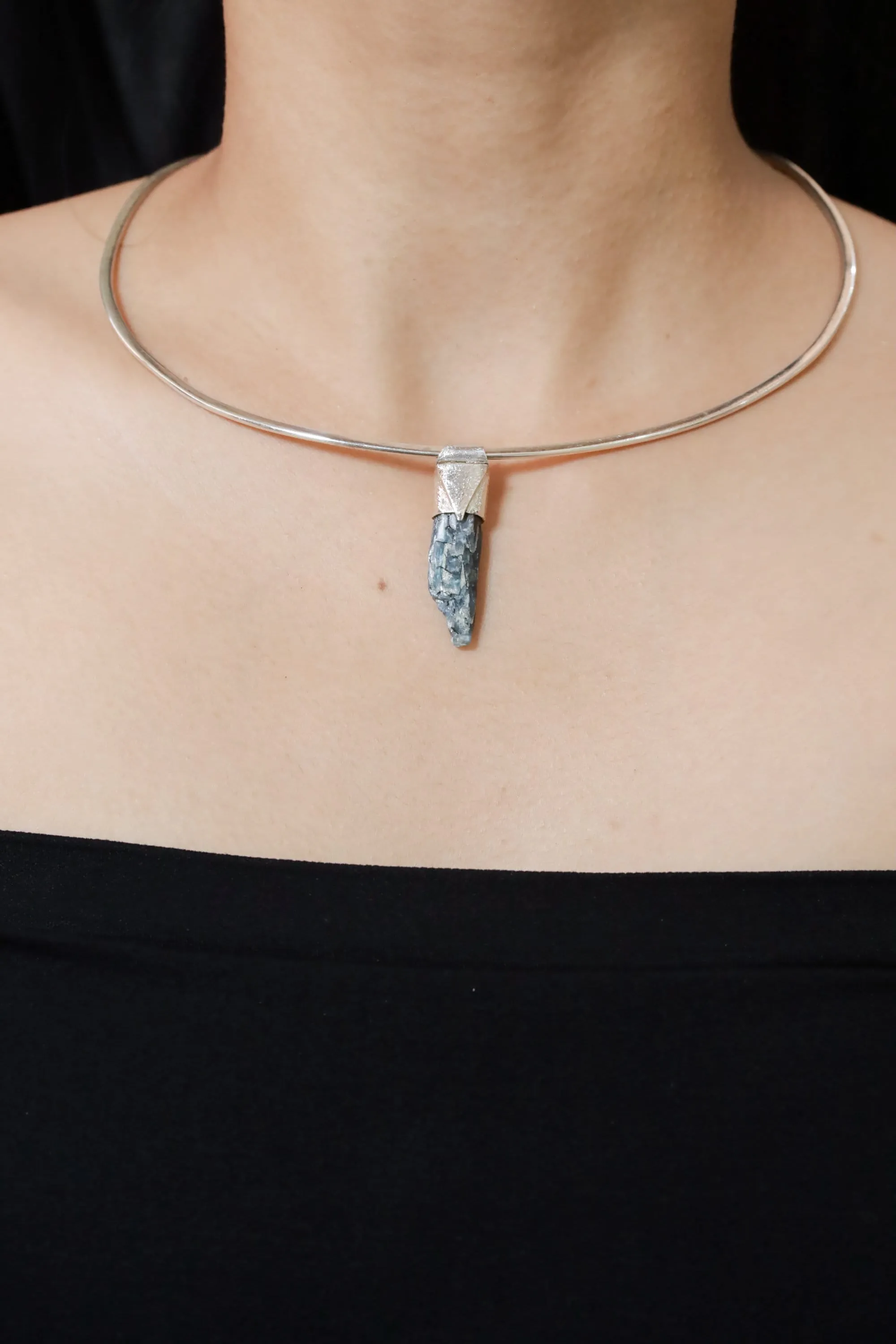 Australian Ocean Kyanite Organic Stack Pendant, textured 925 Sterling Silver, Throat Chakra, Pisces, Calming Communication, Unique Gift