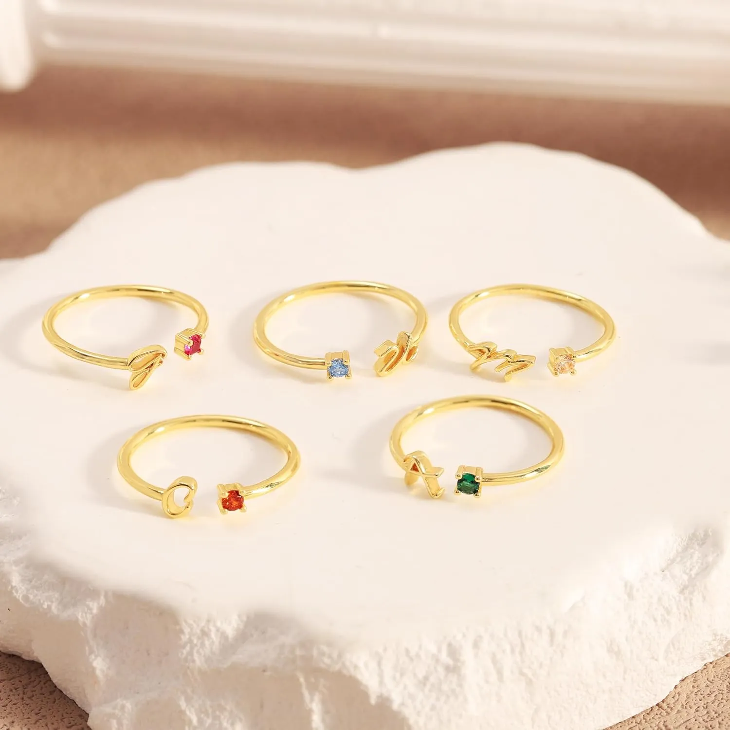 BAYLAY Initial Birthstone Rings for Women Teen Girls - Adjustable Birthstone Initial Stackable Rings Dainty Gold Initial Letter Rings Cubic Zirconia Rings for Teen Girls Women Jewelry Gifts