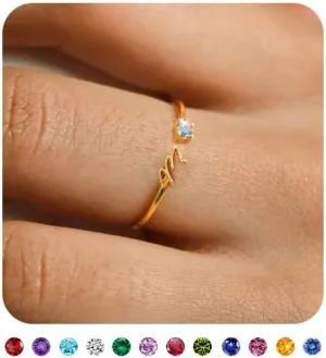 BAYLAY Initial Birthstone Rings for Women Teen Girls - Adjustable Birthstone Initial Stackable Rings Dainty Gold Initial Letter Rings Cubic Zirconia Rings for Teen Girls Women Jewelry Gifts