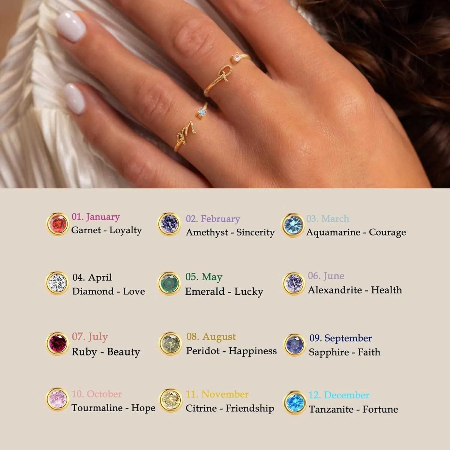 BAYLAY Initial Birthstone Rings for Women Teen Girls - Adjustable Birthstone Initial Stackable Rings Dainty Gold Initial Letter Rings Cubic Zirconia Rings for Teen Girls Women Jewelry Gifts