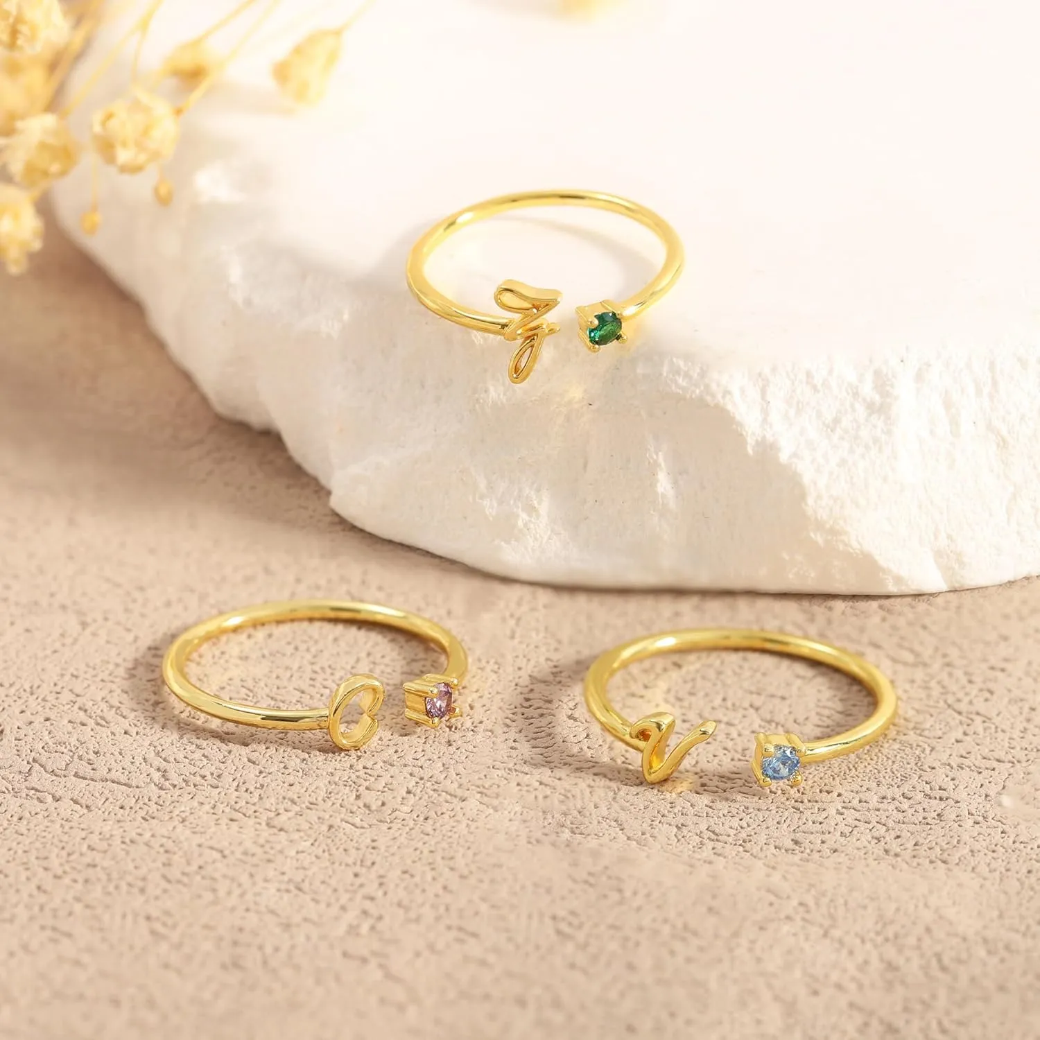 BAYLAY Initial Birthstone Rings for Women Teen Girls - Adjustable Birthstone Initial Stackable Rings Dainty Gold Initial Letter Rings Cubic Zirconia Rings for Teen Girls Women Jewelry Gifts