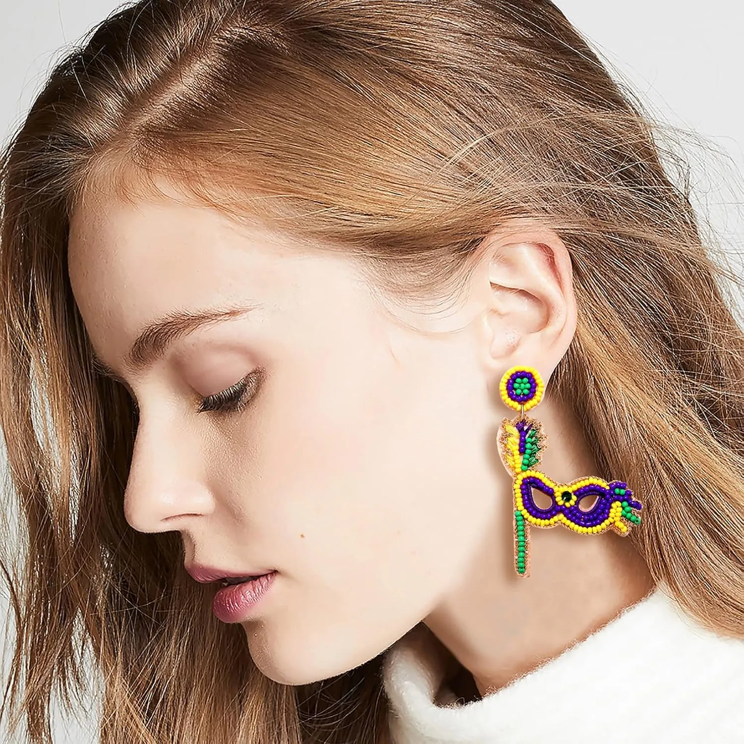 Bead Dangle Earring for Women Mardi Gras Mask Earrings Carnival Beaded Hat Pendant Earrings Dionysia Umbrella Drop Dangle Earrings Holiday Beads Earrings Mardi Gras Theme Earrings