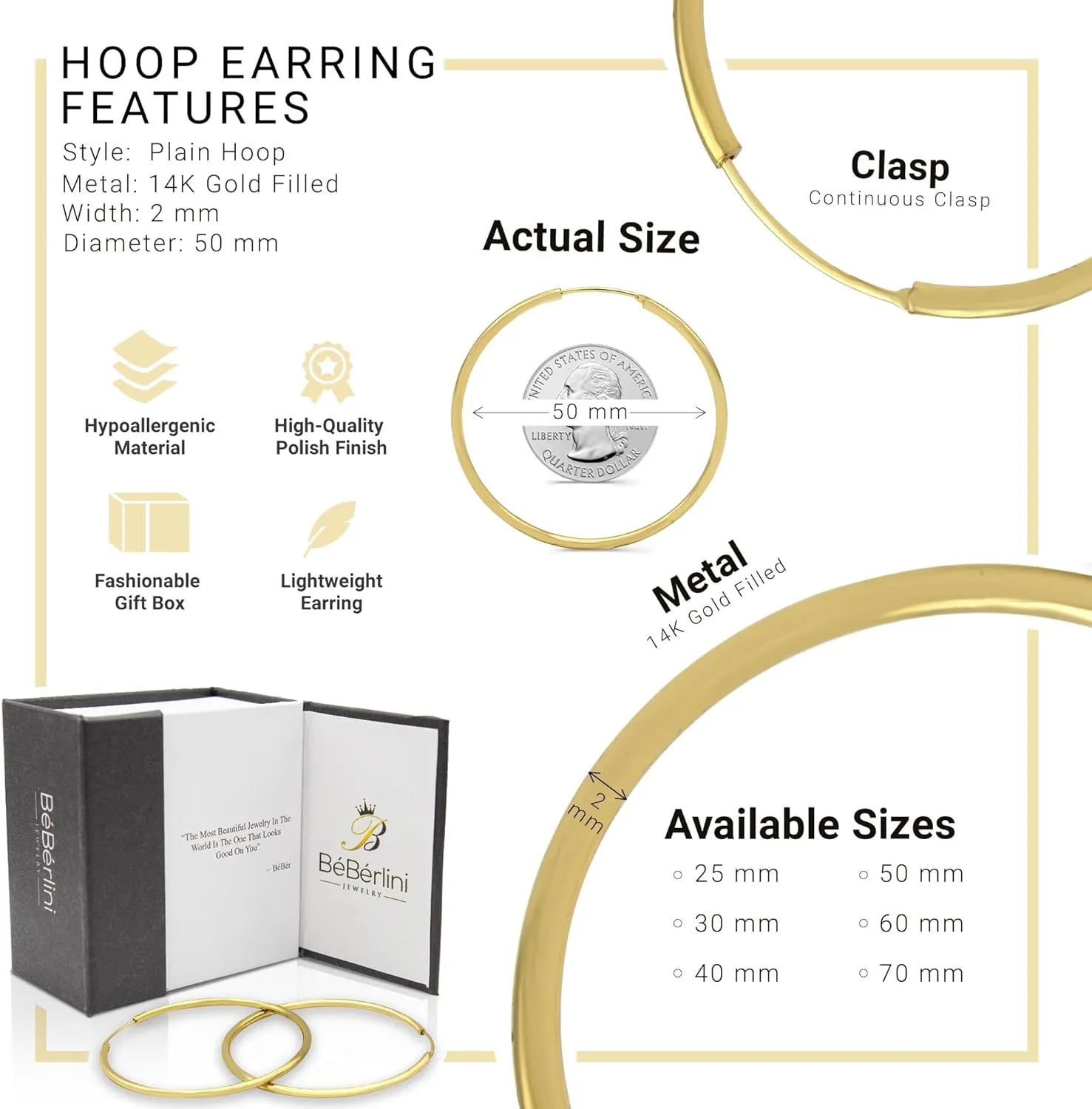 BEBERLINI Plain Hoop Earrings 14K Gold Filled Large Hip Hop Hoops Fashion Ear Jewelry Women 3 mm Thick