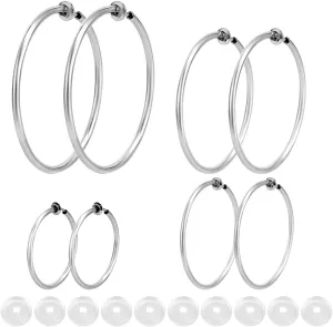 Beebeecraft 4 Pairs 4 Sizes Clip On Hoop Earrings 304 Stainless Steel Silver Metal Retractable Spring Ring Round Hoop Earring Set with Comfort Silicone Pads for Non Pierced Ears Women