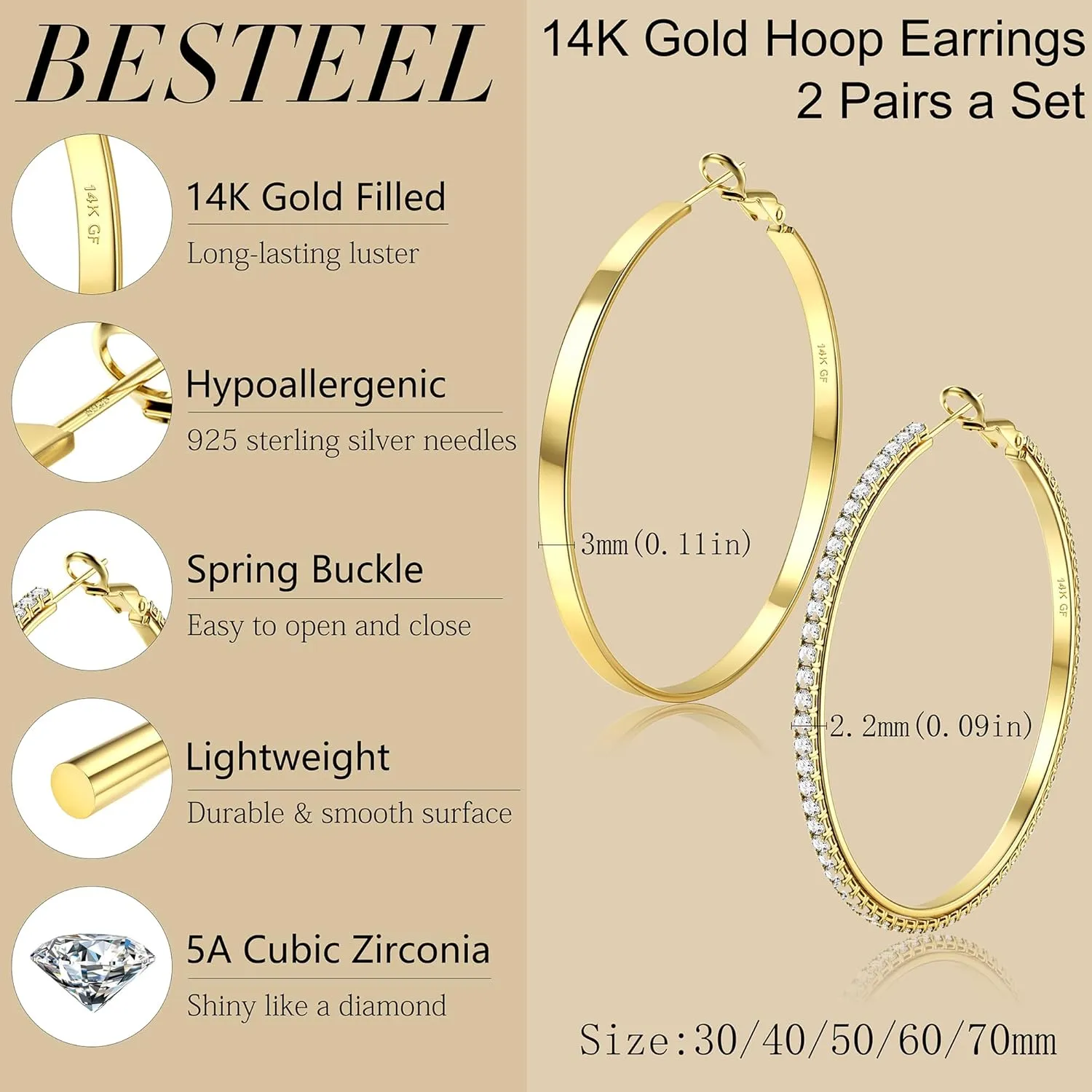 BESTEEL 2 Pairs 14K Gold Hoop Earrings for Women Hypoallergenic Sterling Silver Big Large Gold Hoops Set Thin Rhinestone Earrings Pack Lightweight 30/40/50/60/70mm