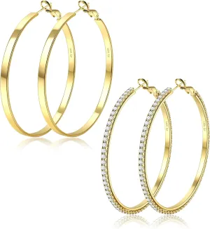 BESTEEL 2 Pairs 14K Gold Hoop Earrings for Women Hypoallergenic Sterling Silver Big Large Gold Hoops Set Thin Rhinestone Earrings Pack Lightweight 30/40/50/60/70mm
