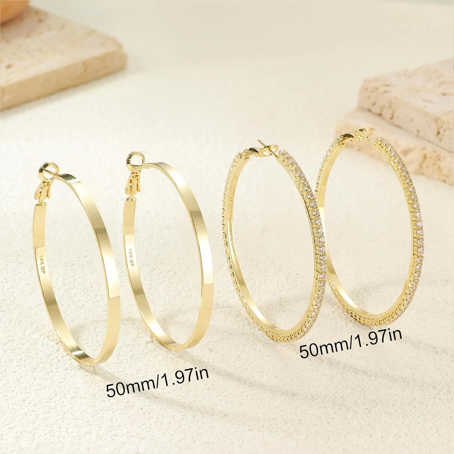 BESTEEL 2 Pairs 14K Gold Hoop Earrings for Women Hypoallergenic Sterling Silver Big Large Gold Hoops Set Thin Rhinestone Earrings Pack Lightweight 30/40/50/60/70mm