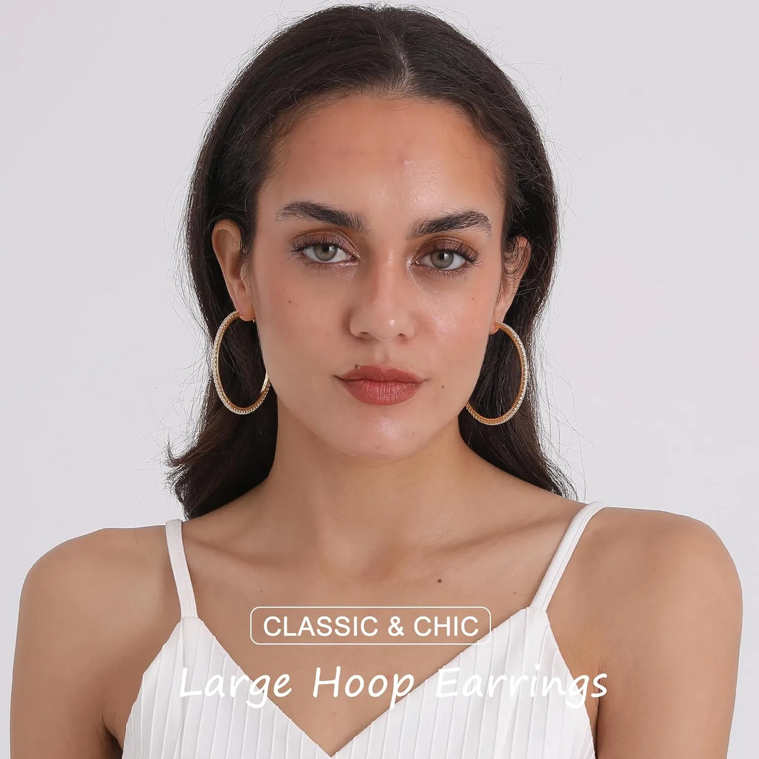 BESTEEL 2 Pairs 14K Gold Hoop Earrings for Women Hypoallergenic Sterling Silver Big Large Gold Hoops Set Thin Rhinestone Earrings Pack Lightweight 30/40/50/60/70mm