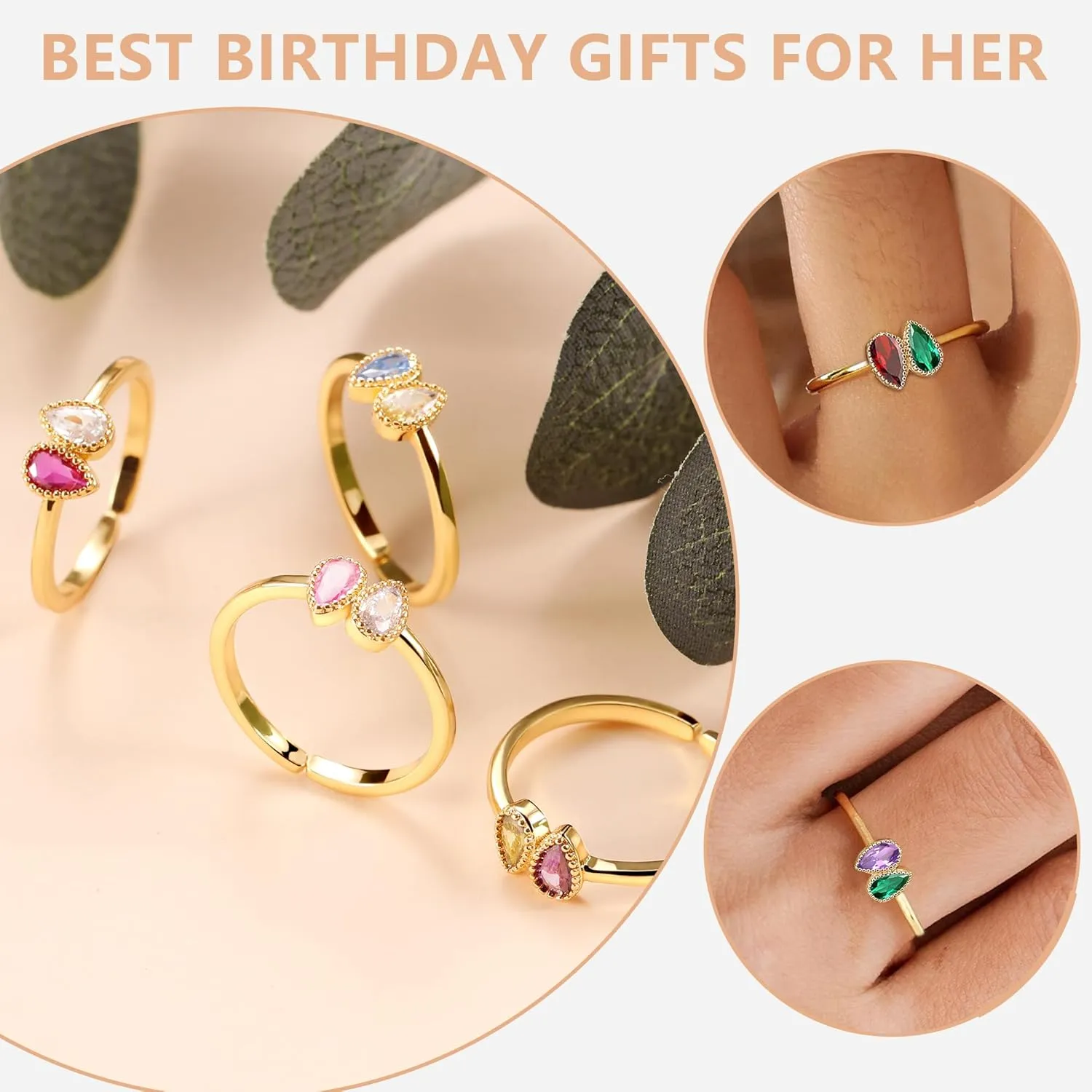 Birthday Gifts Birthstone Rings for Women Teen Girl Trendy Stuff Adjustable 14k Gold Plated CZ Promise Rings for Her Stacking Wedding Anniversary Engagement Birthday Gift Jewelry