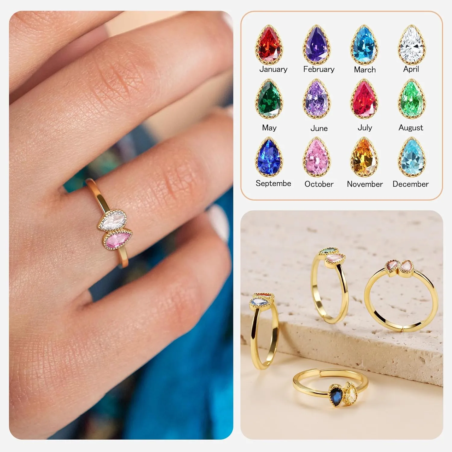 Birthday Gifts Birthstone Rings for Women Teen Girl Trendy Stuff Adjustable 14k Gold Plated CZ Promise Rings for Her Stacking Wedding Anniversary Engagement Birthday Gift Jewelry