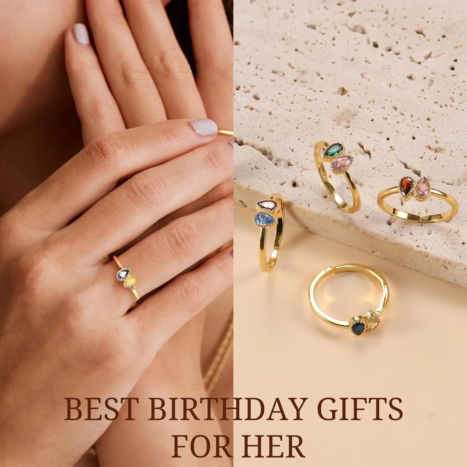 Birthday Gifts Birthstone Rings for Women Teen Girl Trendy Stuff Adjustable 14k Gold Plated CZ Promise Rings for Her Stacking Wedding Anniversary Engagement Birthday Gift Jewelry