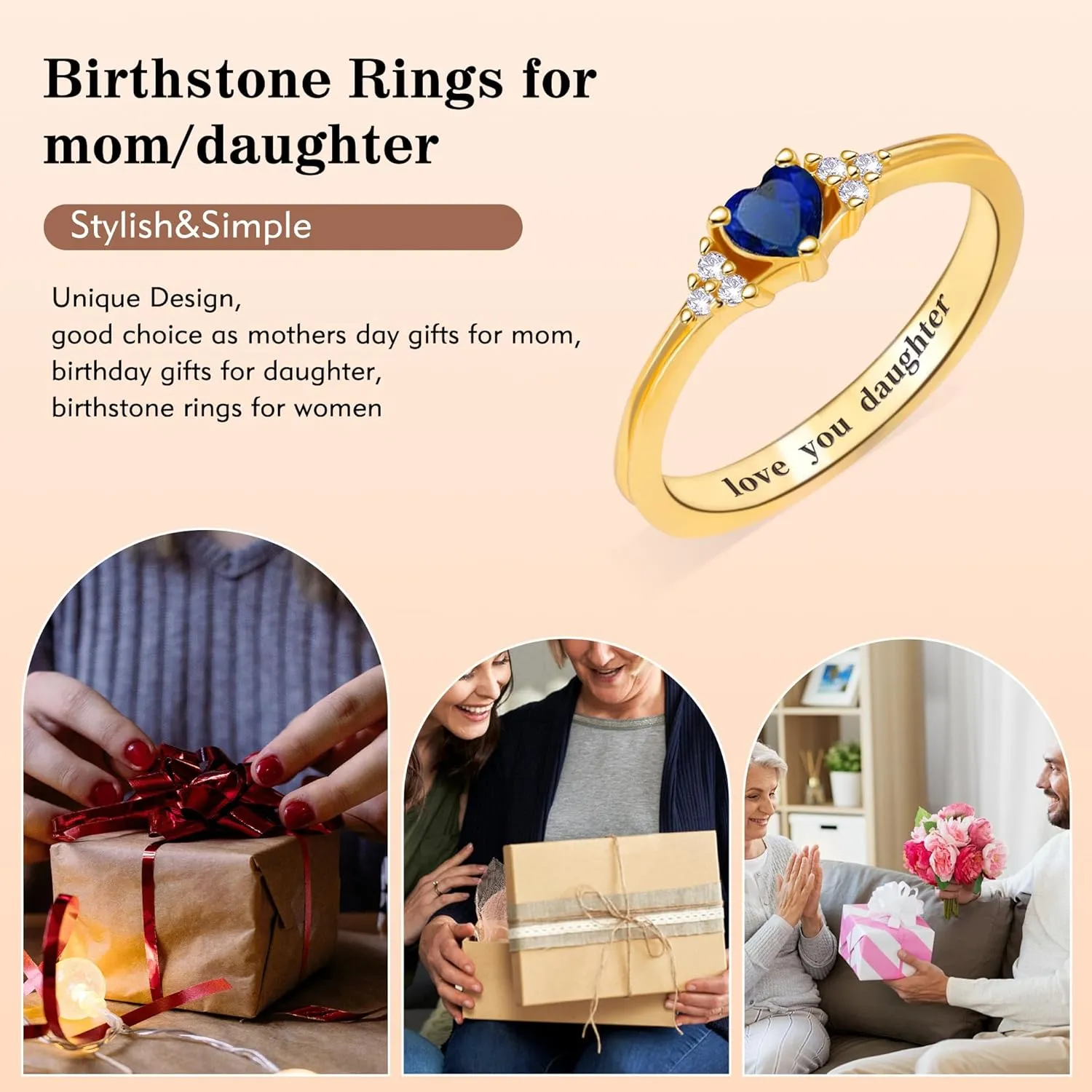 Birthstone Rings for Women Adjustable Non Tarnish Gold Rings Mothers Day Birthday Gift for Mom Daughter 1-12 Months Birthstone Ring Size 5-10# Graduation Christmas Jewelry