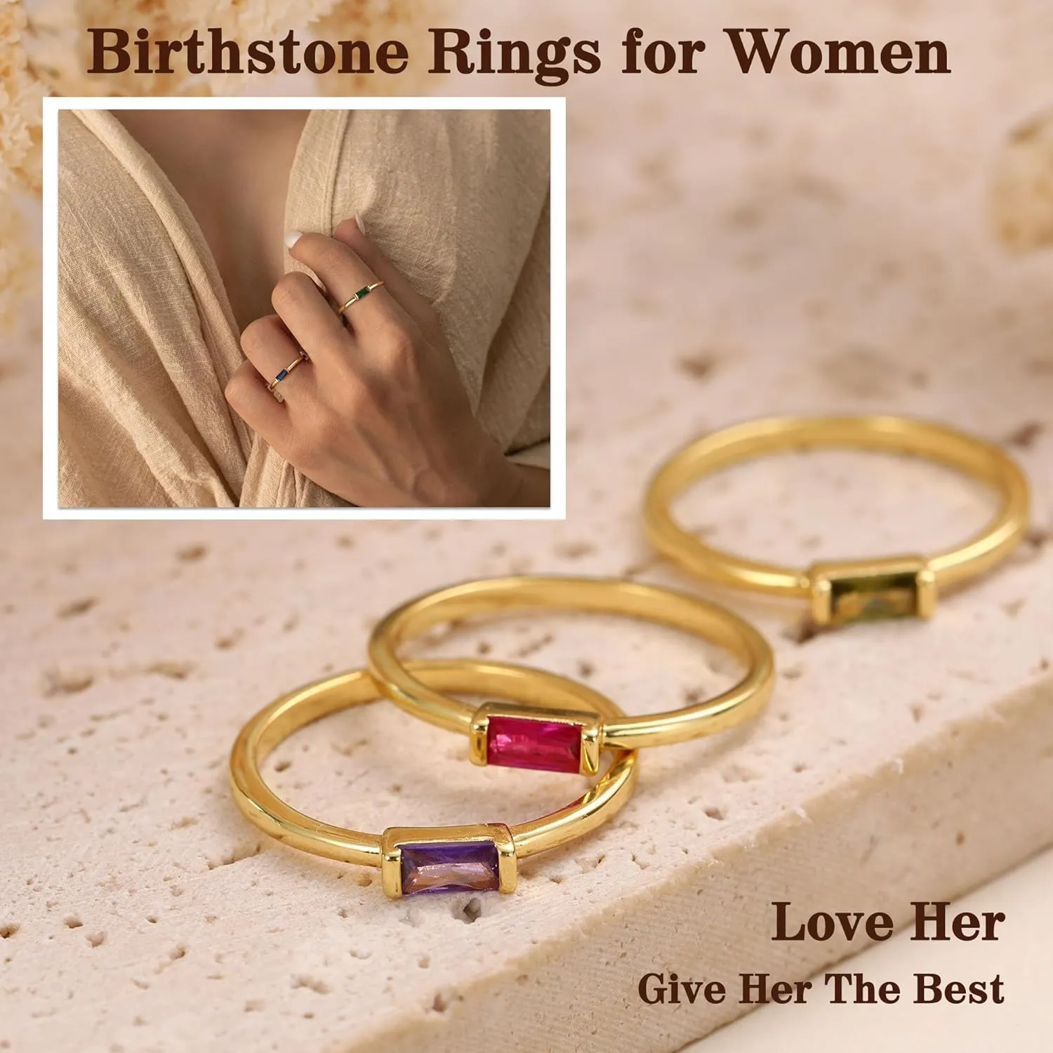 Birthstone Rings for Women, Birthday Gifts for Teen Dainty 14K Gold Plated Rings Stocking Stuffers for Teens 1-12 Months Birthstone Rings Size 5-10# Anniversary Christmas Gift Birthstone Jewelry