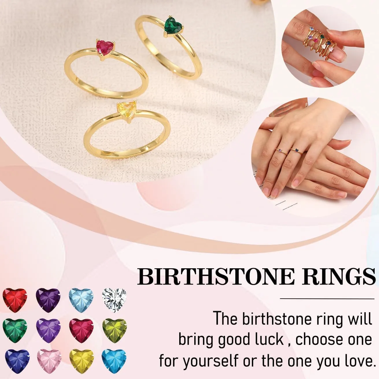 Birthstone Rings for Women, Birthday Gifts for Teen Dainty 14K Gold Plated Rings Stocking Stuffers for Teens 1-12 Months Birthstone Rings Size 5-10# Anniversary Christmas Gift Birthstone Jewelry