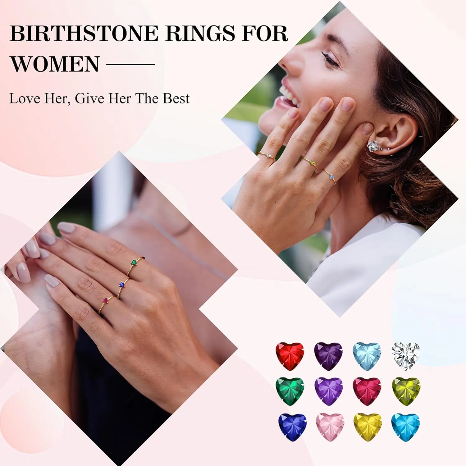 Birthstone Rings for Women, Birthday Gifts for Teen Dainty 14K Gold Plated Rings Stocking Stuffers for Teens 1-12 Months Birthstone Rings Size 5-10# Anniversary Christmas Gift Birthstone Jewelry