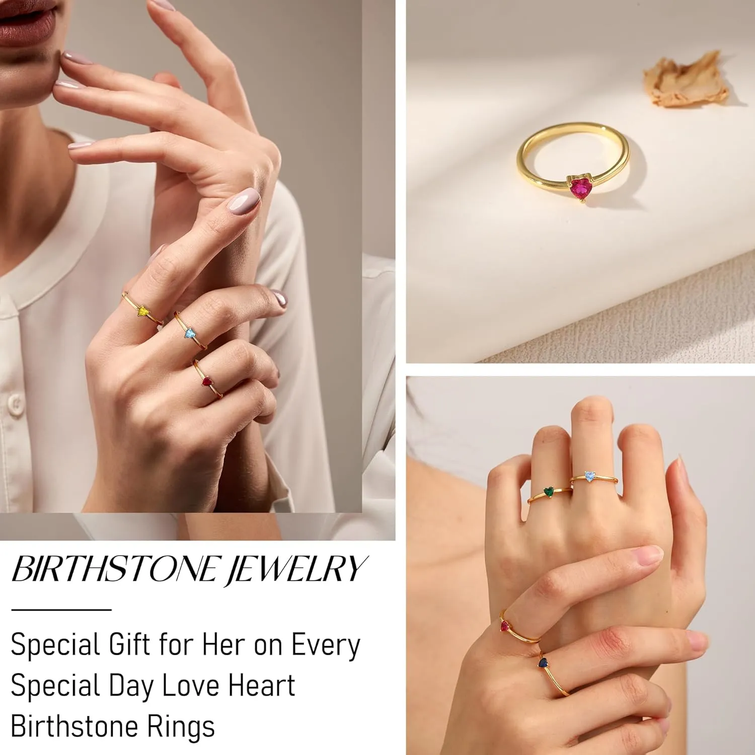 Birthstone Rings for Women, Birthday Gifts for Teen Dainty 14K Gold Plated Rings Stocking Stuffers for Teens 1-12 Months Birthstone Rings Size 5-10# Anniversary Christmas Gift Birthstone Jewelry