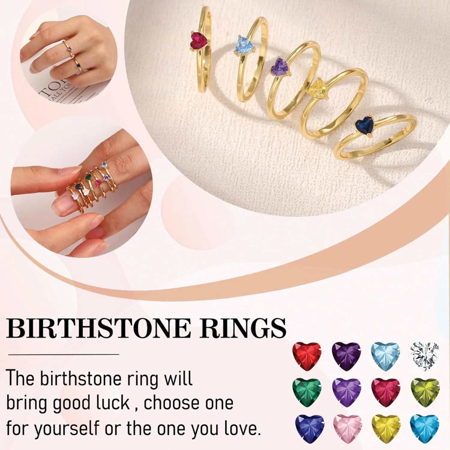 Birthstone Rings for Women, Birthday Gifts for Teen Dainty 14K Gold Plated Rings Stocking Stuffers for Teens 1-12 Months Birthstone Rings Size 5-10# Anniversary Christmas Gift Birthstone Jewelry