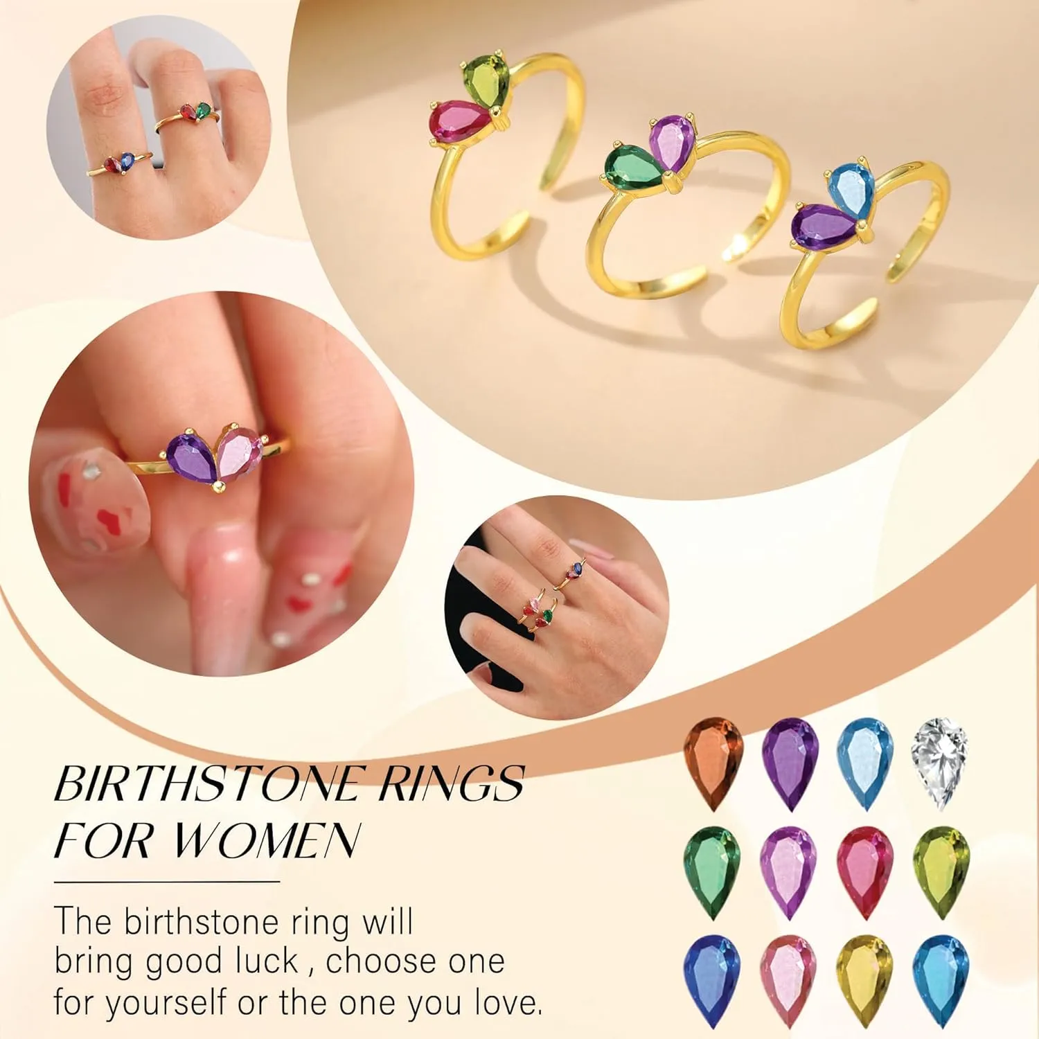 Birthstone Rings for Women Non Tarnish Gold Rings Mothers Day Gifts Birthday Gifts for Teen Girls Dainty 14K Plated Adjustable CZ Stacking Promise Ring Christmas Stocking Stuffers Anniversary Jewelry for Friend Sister Girlfriend Mom