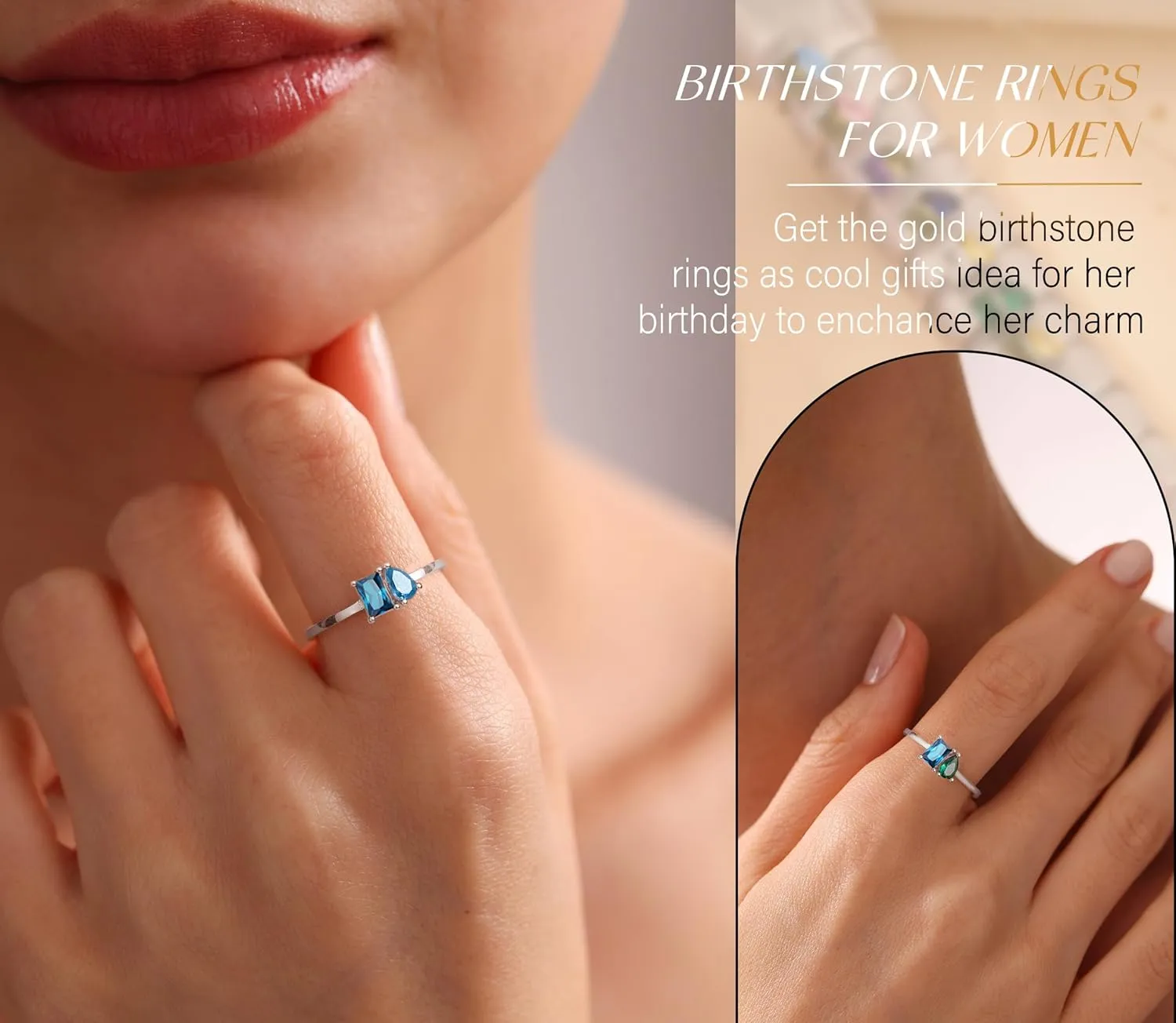 Birthstone Rings for Women Non Tarnish Gold Rings Mothers Day Gifts Birthday Gifts for Teen Girls Dainty 14K Plated Adjustable CZ Stacking Promise Ring Christmas Stocking Stuffers Anniversary Jewelry for Friend Sister Girlfriend Mom