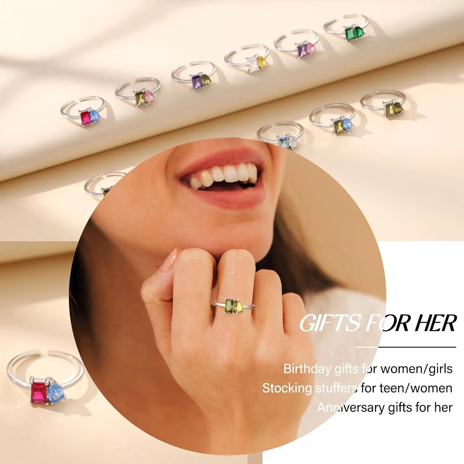 Birthstone Rings for Women Non Tarnish Gold Rings Mothers Day Gifts Birthday Gifts for Teen Girls Dainty 14K Plated Adjustable CZ Stacking Promise Ring Christmas Stocking Stuffers Anniversary Jewelry for Friend Sister Girlfriend Mom