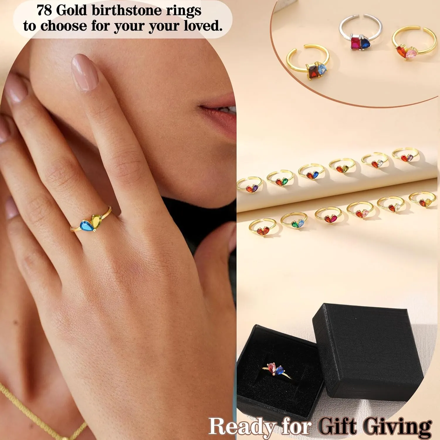 Birthstone Rings for Women Non Tarnish Gold Rings Mothers Day Gifts Birthday Gifts for Teen Girls Dainty 14K Plated Adjustable CZ Stacking Promise Ring Christmas Stocking Stuffers Anniversary Jewelry for Friend Sister Girlfriend Mom