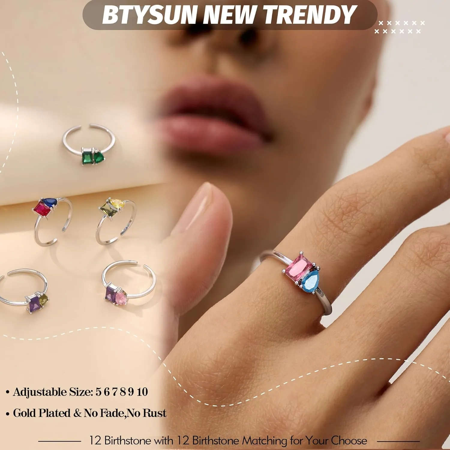Birthstone Rings for Women Non Tarnish Gold Rings Mothers Day Gifts Birthday Gifts for Teen Girls Dainty 14K Plated Adjustable CZ Stacking Promise Ring Christmas Stocking Stuffers Anniversary Jewelry for Friend Sister Girlfriend Mom