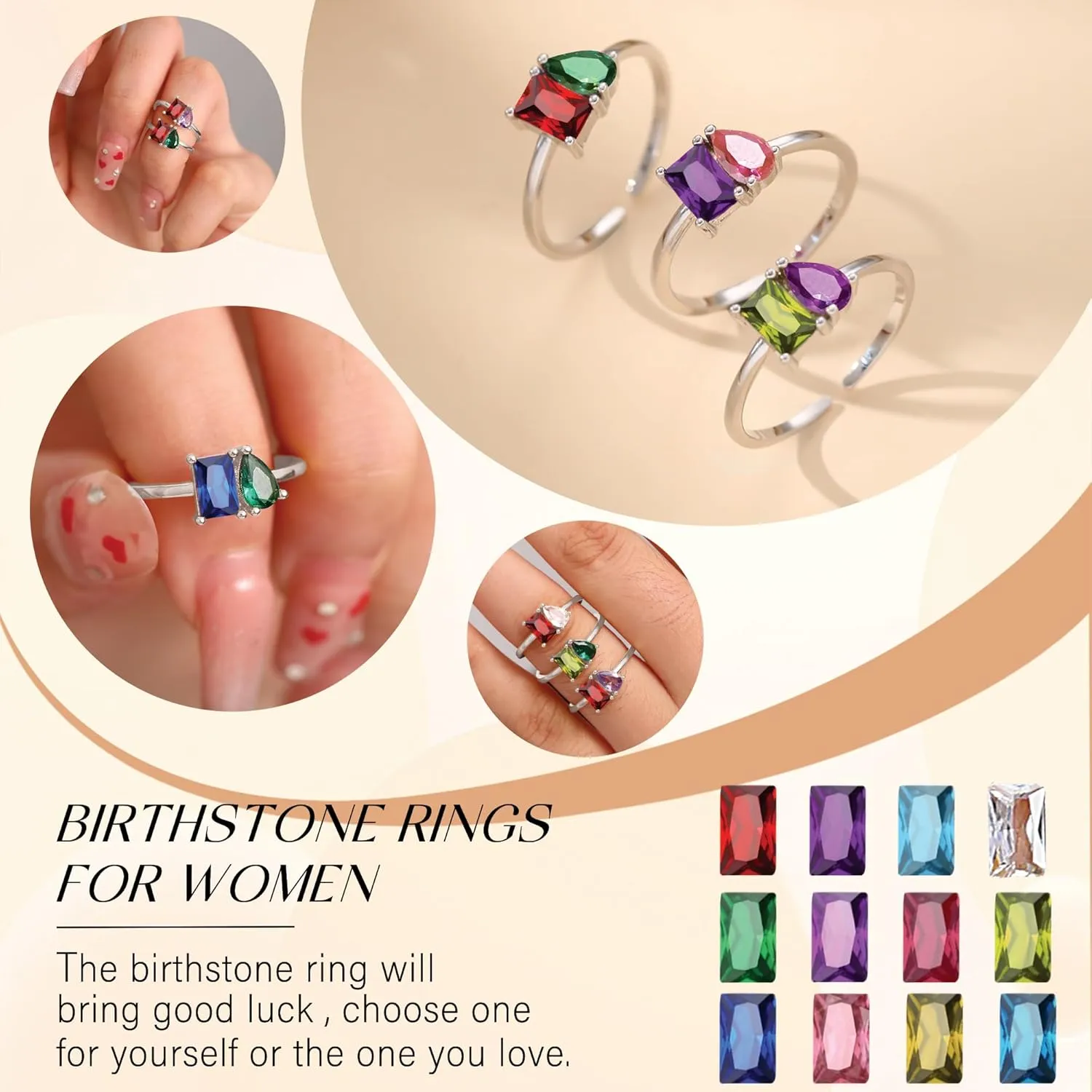 Birthstone Rings for Women Non Tarnish Gold Rings Mothers Day Gifts Birthday Gifts for Teen Girls Dainty 14K Plated Adjustable CZ Stacking Promise Ring Christmas Stocking Stuffers Anniversary Jewelry for Friend Sister Girlfriend Mom