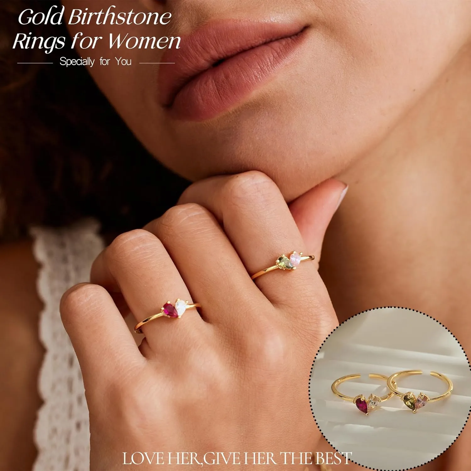 Birthstone Rings for Women Non Tarnish Gold Rings Mothers Day Gifts Birthday Gifts for Teen Girls Dainty 14K Plated Adjustable CZ Stacking Promise Ring Christmas Stocking Stuffers Anniversary Jewelry for Friend Sister Girlfriend Mom