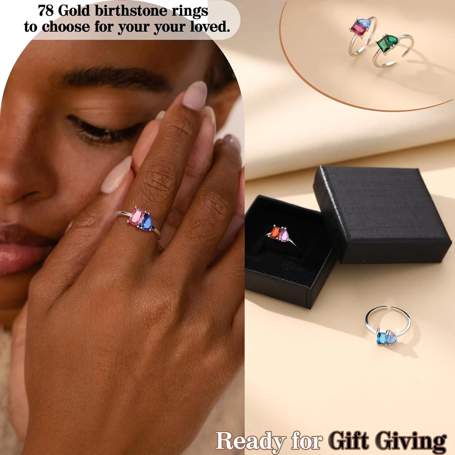 Birthstone Rings for Women Non Tarnish Gold Rings Mothers Day Gifts Birthday Gifts for Teen Girls Dainty 14K Plated Adjustable CZ Stacking Promise Ring Christmas Stocking Stuffers Anniversary Jewelry for Friend Sister Girlfriend Mom