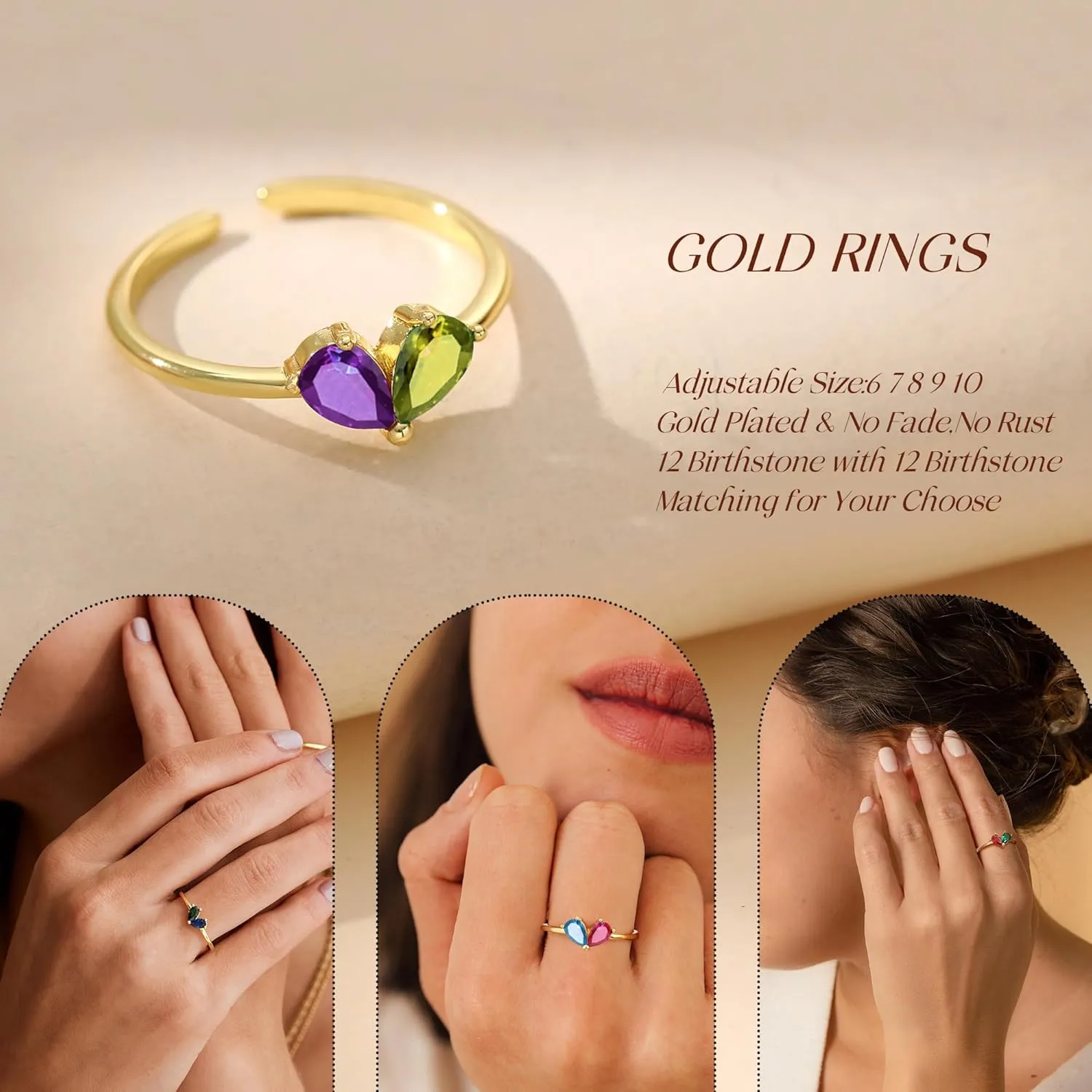 Birthstone Rings for Women Non Tarnish Gold Rings Mothers Day Gifts Birthday Gifts for Teen Girls Dainty 14K Plated Adjustable CZ Stacking Promise Ring Christmas Stocking Stuffers Anniversary Jewelry for Friend Sister Girlfriend Mom