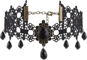 Black Lace Choker Necklaces Gothic Steampunk Lace Chokers with Crystal Black Neck Chain Collar Vampire Choker Vintage Thick Choker for Women Halloween Party Costume