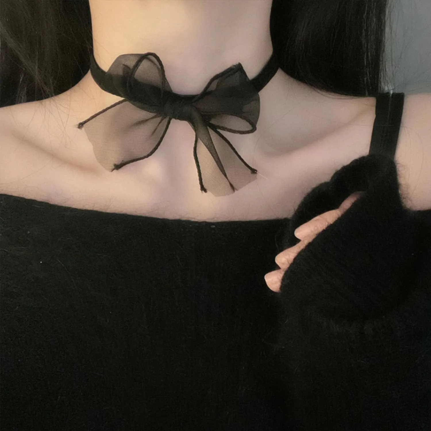 Black Velvet Lace Choker Collar Necklace With Red Bow - Goth Black Collar Necklace for Women