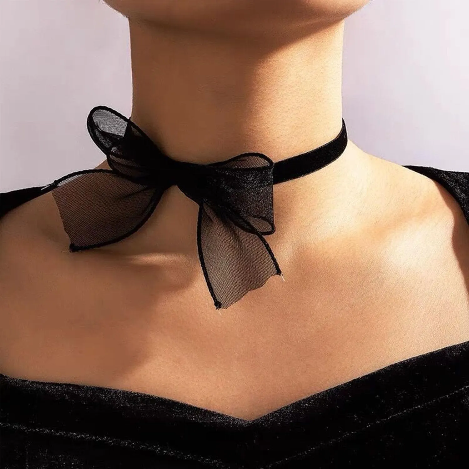 Black Velvet Lace Choker Collar Necklace With Red Bow - Goth Black Collar Necklace for Women